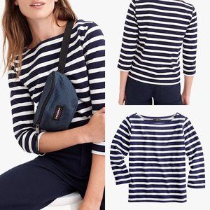 J Crew Knit Top Medium Blue Stripe Structured Boatneck Nautical Coastal Cotton